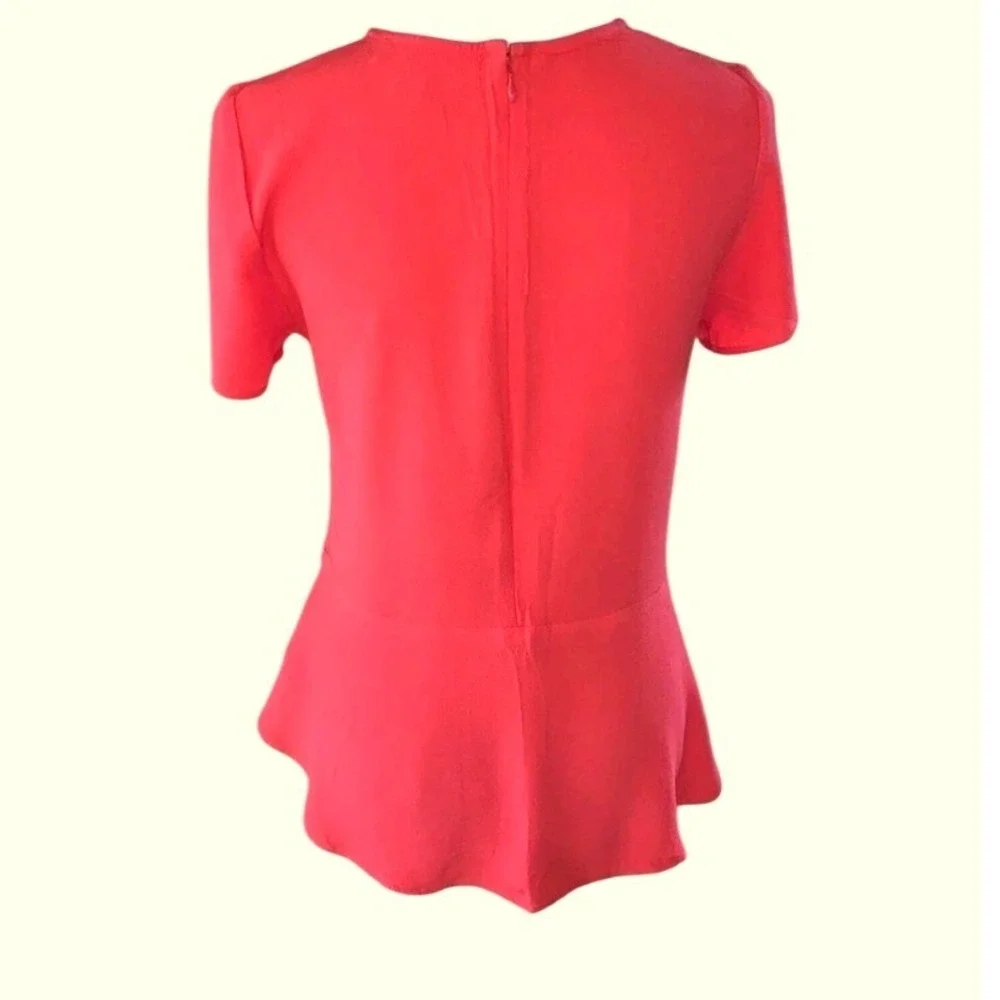 Michael Kors Red Orange Short Sleeve Peplum Blouse Crew Neck Crepe Top Small‎